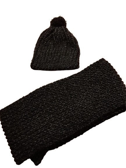 Touch Atout Bonnet echarpe tricot acrylique noir paillete dore Accessoire mode tricot fait main